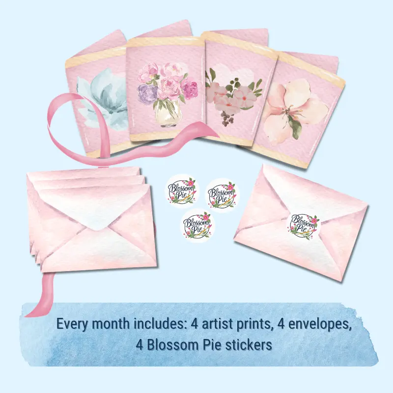 Four greetings cards with envelopes and charming stickers with a ribbon, illustrating the contents of each month's card club subscription box.
