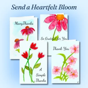 Set of four Delicate Blooms thank you cards with "Send a Heartfelt Bloom" text and hand-designed watercolor florals.