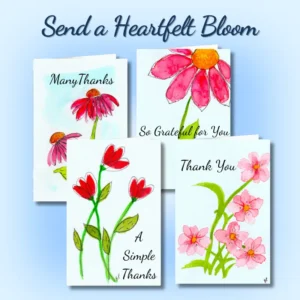 Set of four Delicate Blooms thank you cards with "Send a Heartfelt Bloom" text and hand-designed watercolor florals.