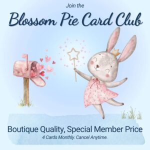 Whimsical bunny celebrating a Blossom Pie Card Club mailbox delivery. Graphic for our boutique greeting card subscription featuring 4 hand-designed cards monthly.