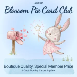 Whimsical bunny celebrating a Blossom Pie Card Club mailbox delivery. Graphic for our boutique greeting card subscription featuring 4 hand-designed cards monthly.