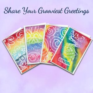Set of four hand-designed tie-dye greeting cards with "Share Your Grooviest Greetings" text.