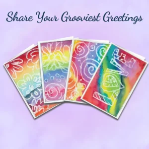 Set of four hand-designed tie-dye greeting cards with "Share Your Grooviest Greetings" text.