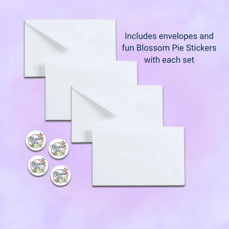 Four crisp white envelopes and four Blossom Pie stickers included with each tie-dye card set.