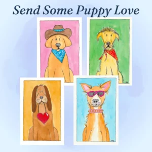 Set of four Playful Pups greeting cards with "Paws-itive Vibes for Every Occasion" text and hand-designed dog illustrations.