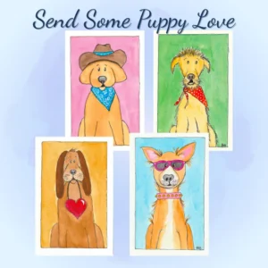 Set of four Playful Pups greeting cards with "Paws-itive Vibes for Every Occasion" text and hand-designed dog illustrations.
