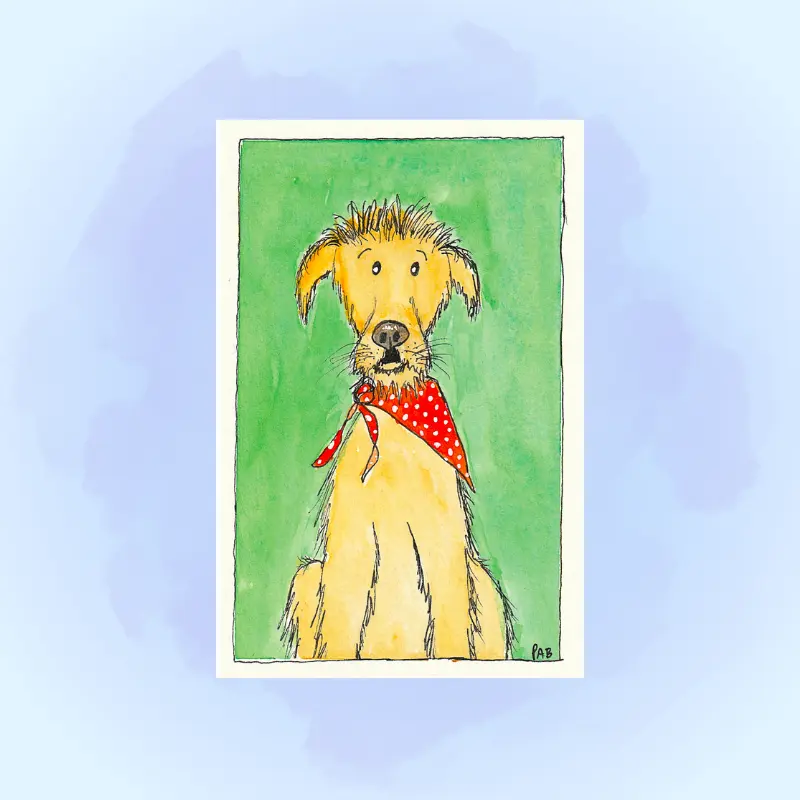 Close-up of a hand-designed puppy artist print on premium matte stationery.