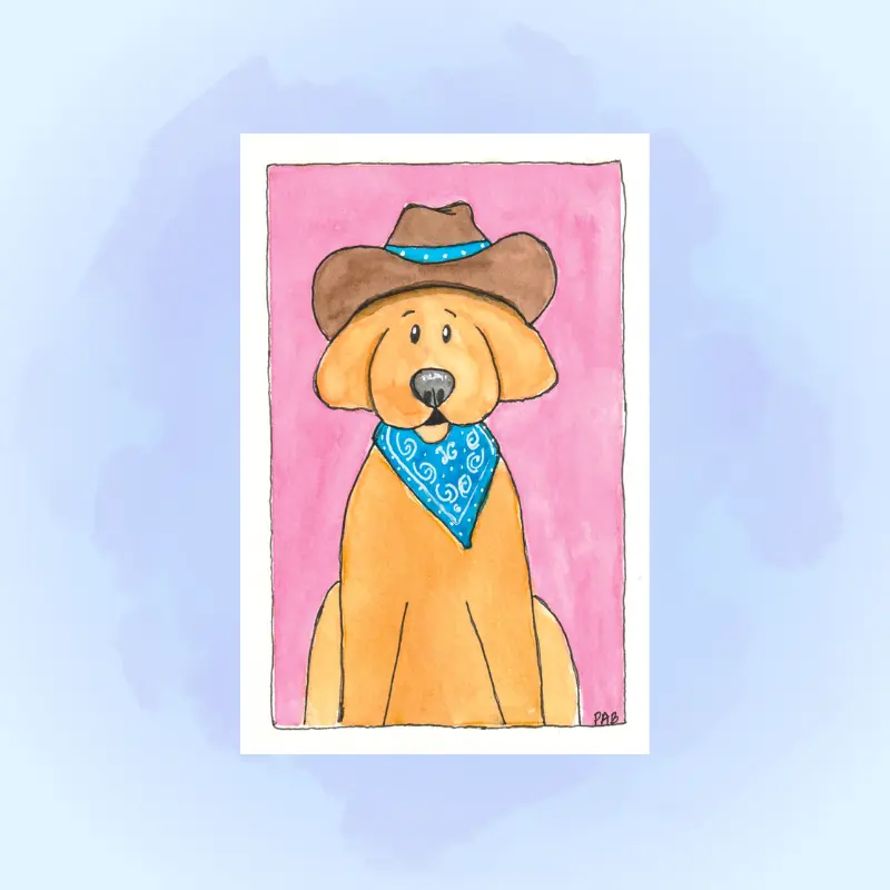 Close-up of a hand-designed puppy artist print on premium matte stationery.