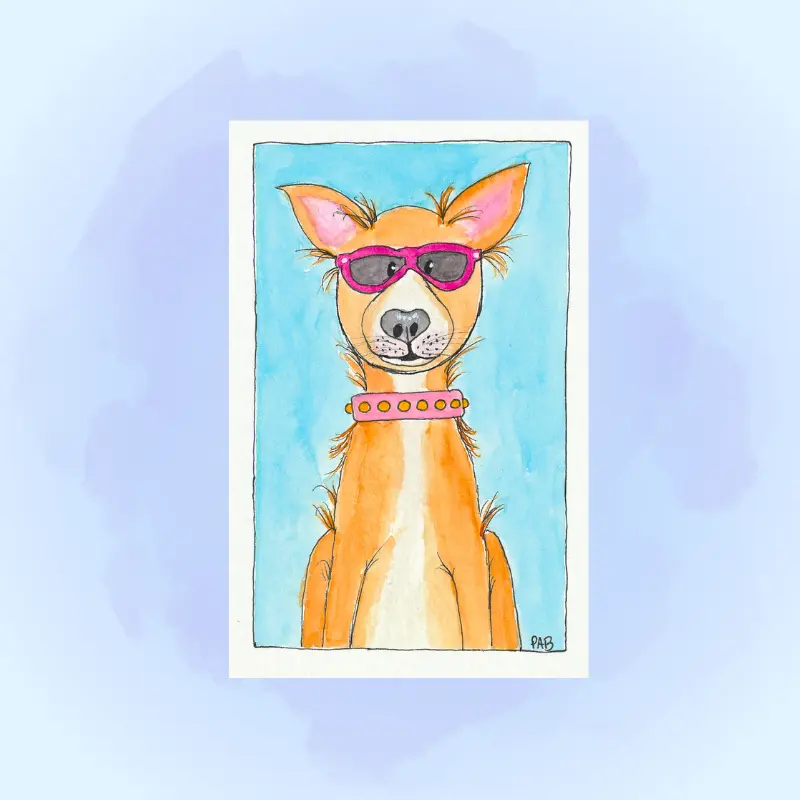Close-up of a hand-designed puppy artist print on premium matte stationery.