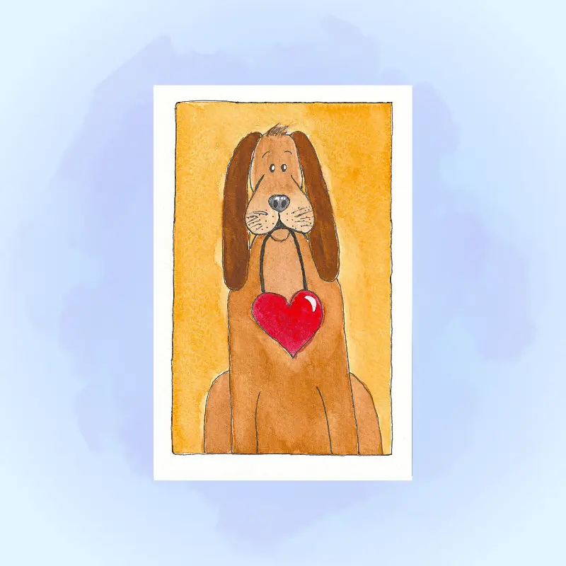 Close-up of a hand-designed puppy artist print on premium matte stationery.