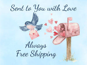 Watercolor bluebird and mailbox with hearts and message that Blossom Pie's hand-designed greeting card subscriptions and sets always include free shipping.