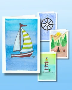 Four outdoors scenes serve as the June bundle for Blossom Pie, hand-designed greeting cards mailed to you each month.