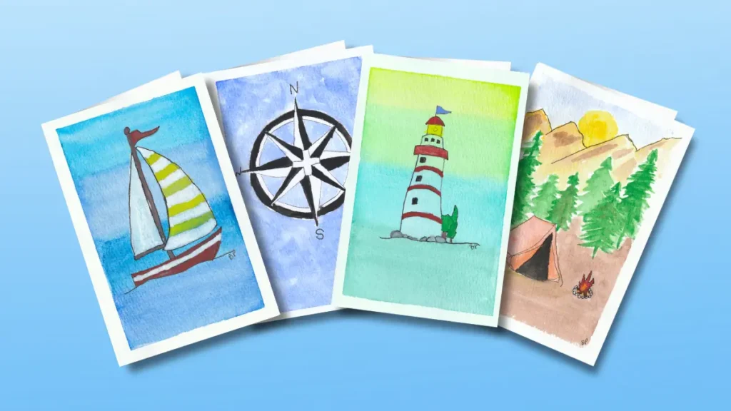 Four outdoors scenes serve as the June bundle for Blossom Pie, hand-designed greeting cards mailed to you each month.