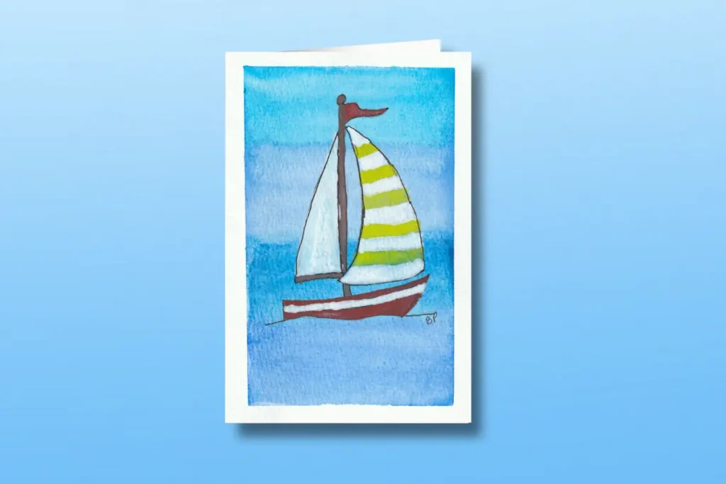 A watercolor sailboat on blue water is one of four cards in the June bundle for Blossom Pie, hand-designed greeting cards mailed to you each month.
