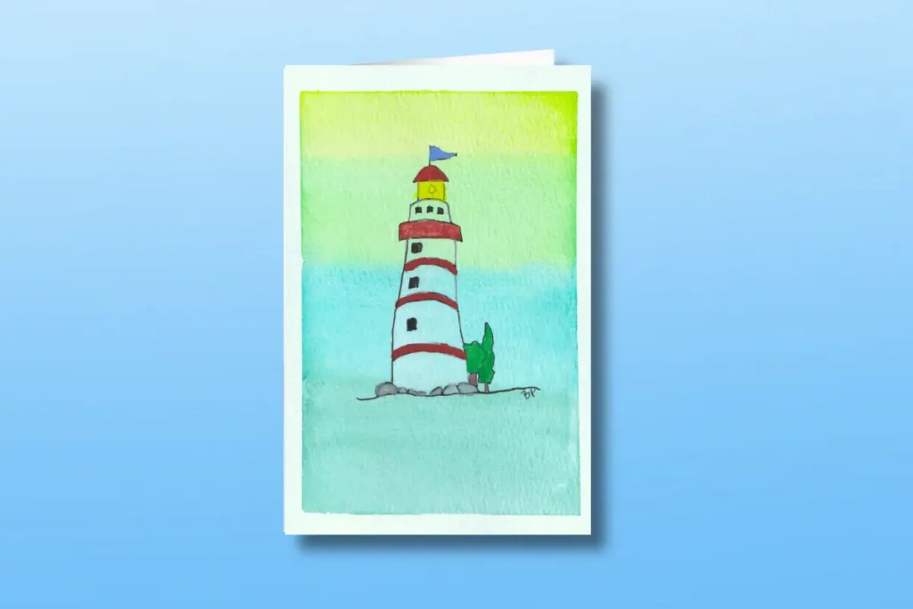 A watercolor lighthouse is one of four cards in the June bundle for Blossom Pie, hand-designed greeting cards mailed to you each month.
