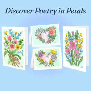 Blossom Pie's Poetry in Petals all-occasion card set features four hand-designed watercolor wildflower prints in pink, yellow, and purple on a blue background.