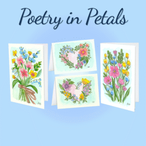 Blossom Pie's Poetry in Petals all-occasion card set features four hand-designed watercolor wildflower prints in pink, yellow, and purple on a blue background.