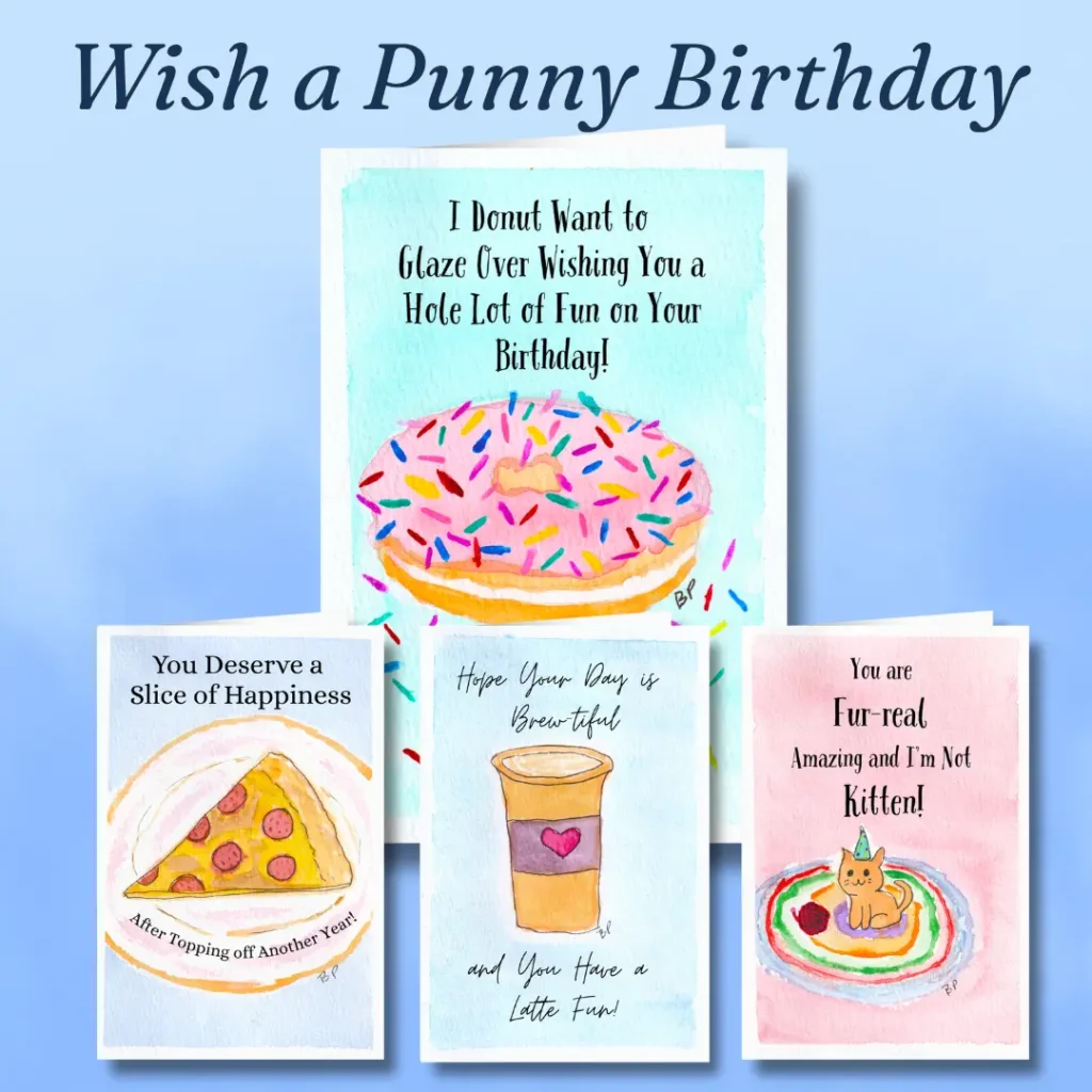Four hand-designed birthday cards with puns and whimsical drawings such as a donut with sprinkles, a slice of pepperoni pizza, a latte, and a kitten with a yarn ball.