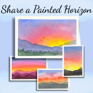 Image of four hand-designed greeting cards depicting mountain sunrises and sunsets in an array of yellow, orange, pink, red, indigo and purple.