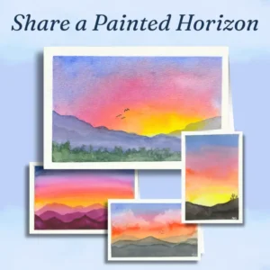 Image of four hand-designed greeting cards depicting mountain sunrises and sunsets in an array of yellow, orange, pink, red, indigo and purple.