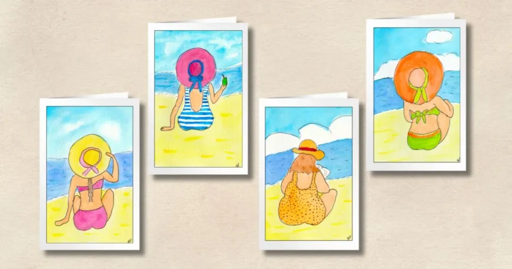 Four Beach Besties beach-themed cards each with a different woman looking out over the ocean, on a sandy-colored background.