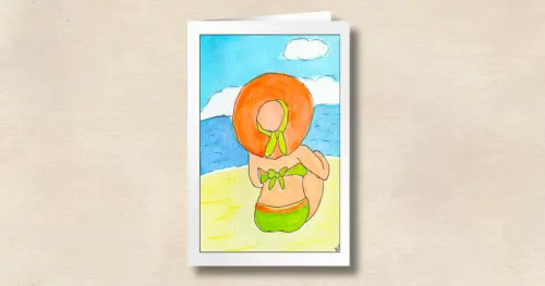A Beach Besties beach-themed card featuring a woman in a green swimsuit with tangerine orange hat looking out over the ocean, on a sandy-colored background.