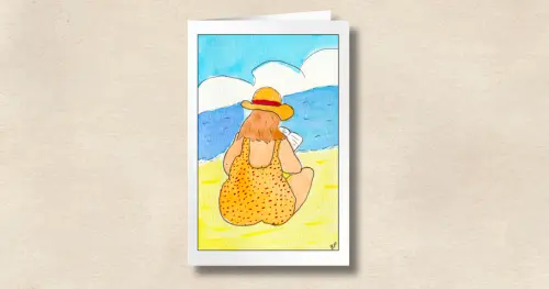 A Beach Besties beach-themed card featuring a woman in a yellow polka dot swimsuit reading a book and facing the ocean, on a sandy-colored background.