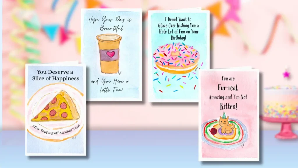 Set of four birthday cards, each featuring a different pun, arranged on a background of party streamers and a cake table.