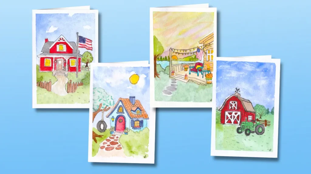July 2026 set Warm Summer Comforts greeting card set shows four all-occasion cards, each featuring a different cozy home on the front.