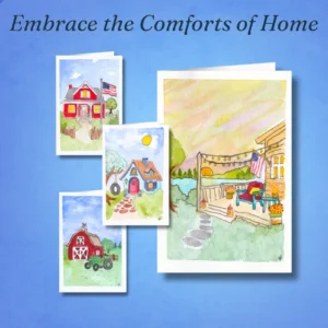Four cottagecore stationery prints on a blue background, featuring a cozy blue cottage, lakeside front porch, traditional red barn, and rustic red home with flagpole.