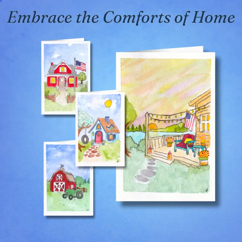 Four cottagecore stationery prints on a blue background, featuring a cozy blue cottage, lakeside front porch, traditional red barn, and rustic red home with flagpole.