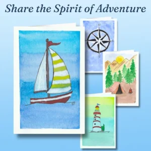 Four hand-designed all-occasion greeting cards on a blue background showing a sailboat, lighthouse, compass rose and campsite.