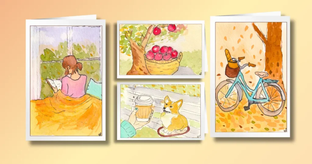 Four cozy autumn cards evoke the feeling of the season with a bicycle with fresh bread in the basket; a pup and cup of coffee on a park bench; a basket of freshly picked apples, and a girl in a comfy reading nook.