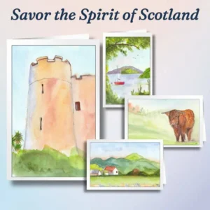 Scotland Greeting Card set shows cards depicting Stirling Castle, Loch Lomond, a Highland coo, and a farm in Buchlyvie.