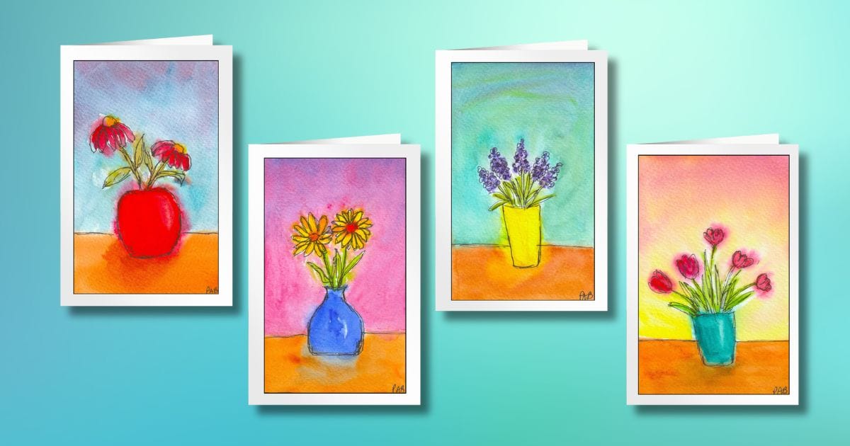 September's joyful bouquet cards feature a red vase with red coneflowers, a blue vase with yellow daisies; a yellow vase with grape hyacinths; and a teal vase with red tulips.