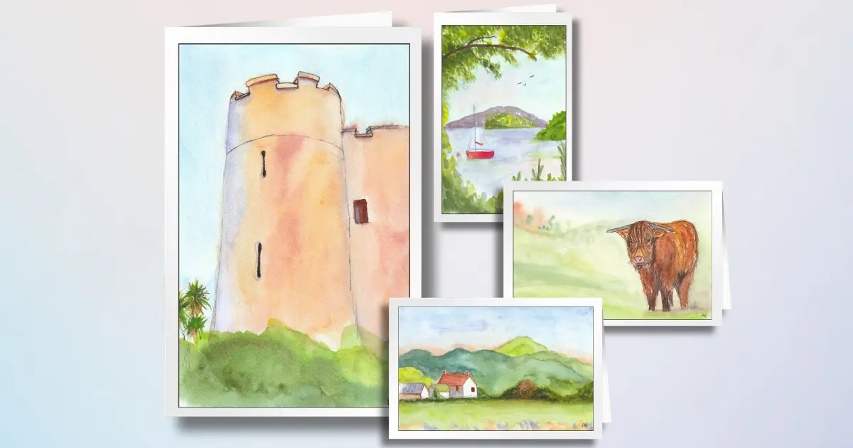 This Scotland greeting card set features Stirling castle, Loch Lomond, a Highland "coo," and a farm in the Buchlyvie countryside.